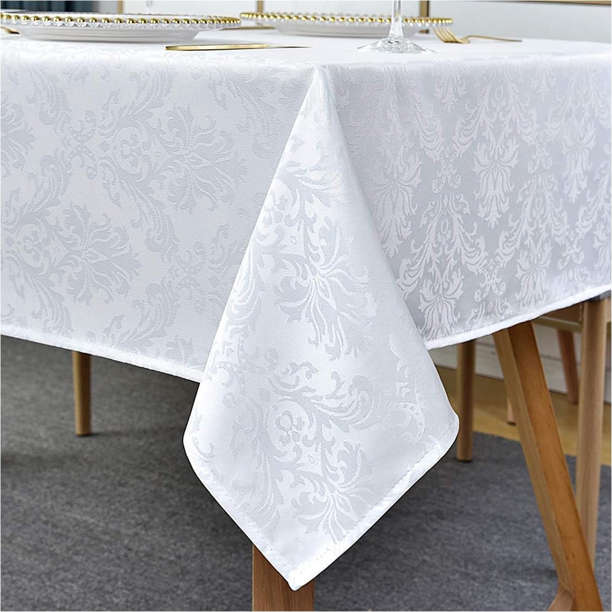 Rectangle Tablecloth -150 x 213CM White Damask Table Cloth Jacquard Design Spill Proof Wrinkle Resistant Waterproof Soft Polyester Oblong Table Cover for Kitchen Parties Tabletop