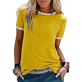Epokay Ringer Tee Women Trendy Basic Crew Neck Color Block T-Shirt Y2K Summer Casual Comfort Short Sleeve Tops