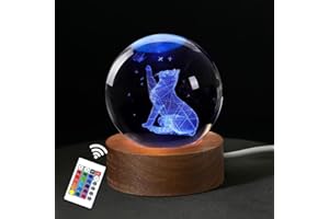 INTKI CRYSTAL 3D Crystal Ball Cat Figurines - Unique Cat Lover Gifts for Women - Decorative Kitten Collectibles - Kitty Snow Globe with Wooden LED Base - Glass Sphere Diameter 60mm