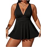 OYOANGLE Women's Plus Size Tankini Swimsuit 2 Piece Striped Textured V Neck Swim Dress Modest Bathing Suit