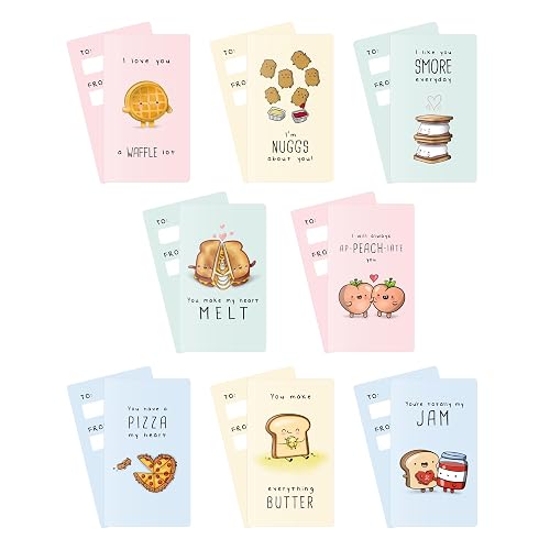 Classroom Valentine’s Day Cards, Funny Kids School Exchange Cards, Food Pun Mini Lunch Box Notecards Party Favors, Cute Small For Friends, Galentines, Pack 24 Cards (Punny Food Mini Cards - 24 Cards)