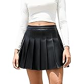 Easisim Womens Faux Leather Mini Skirt High Waisted A-line Skater Short Pleated Skirts