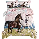 HOSIMA Horse Bedding for Girls, Spring Farm Animals Pink Cherry Blossom Pattern Twin Size Comforter Set with 2 Pillowcases, Western Bedding Set Theme