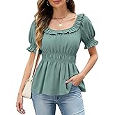 Womens Short Sleeve Babydoll Tops Square Neck Ruffle Peplum Blouse Smocked Loose Fit Tunic Top Dressy Tee Shirts