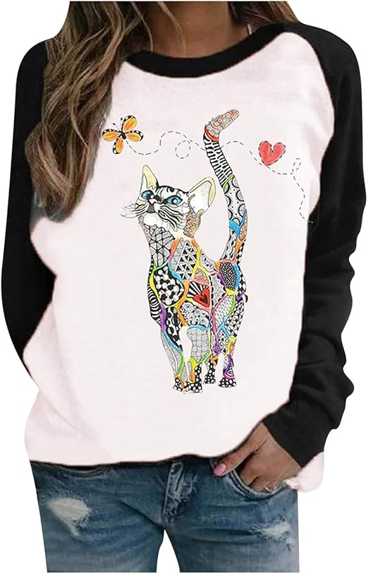 Women Spring Colorful Cat Blouse Fashion Casual Round Neck Tunic Tops at Amazon Women’s Clothing