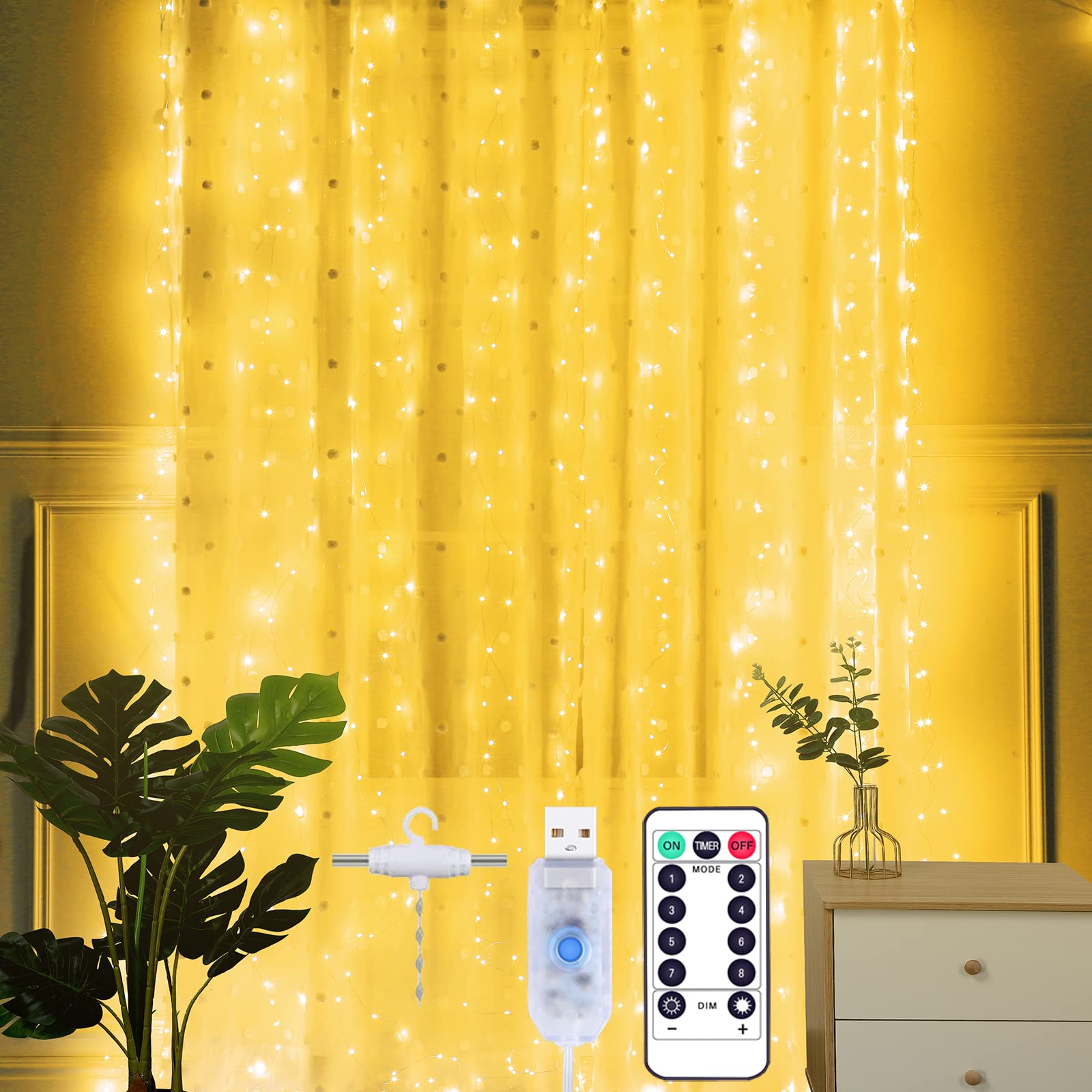 Yizhet Curtain Lights 2m x 2m, 200 LED Curtain Fairy Lights with Hooks, 8 Modes, Warm White, USB Powered with Remote Control & Timer, IP65 Waterproof for Christmas Wedding Party