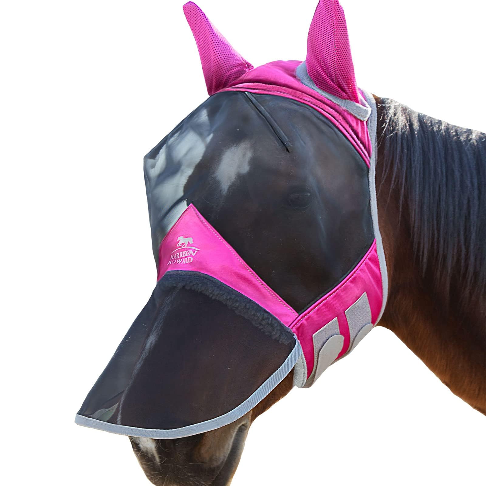 Harrison Howard CareMaster Pro Luminous Horse Fly Mask Large Eye Space Long Nose with Ears UV Protection for Horse Flamingo (XL; Extra Full)