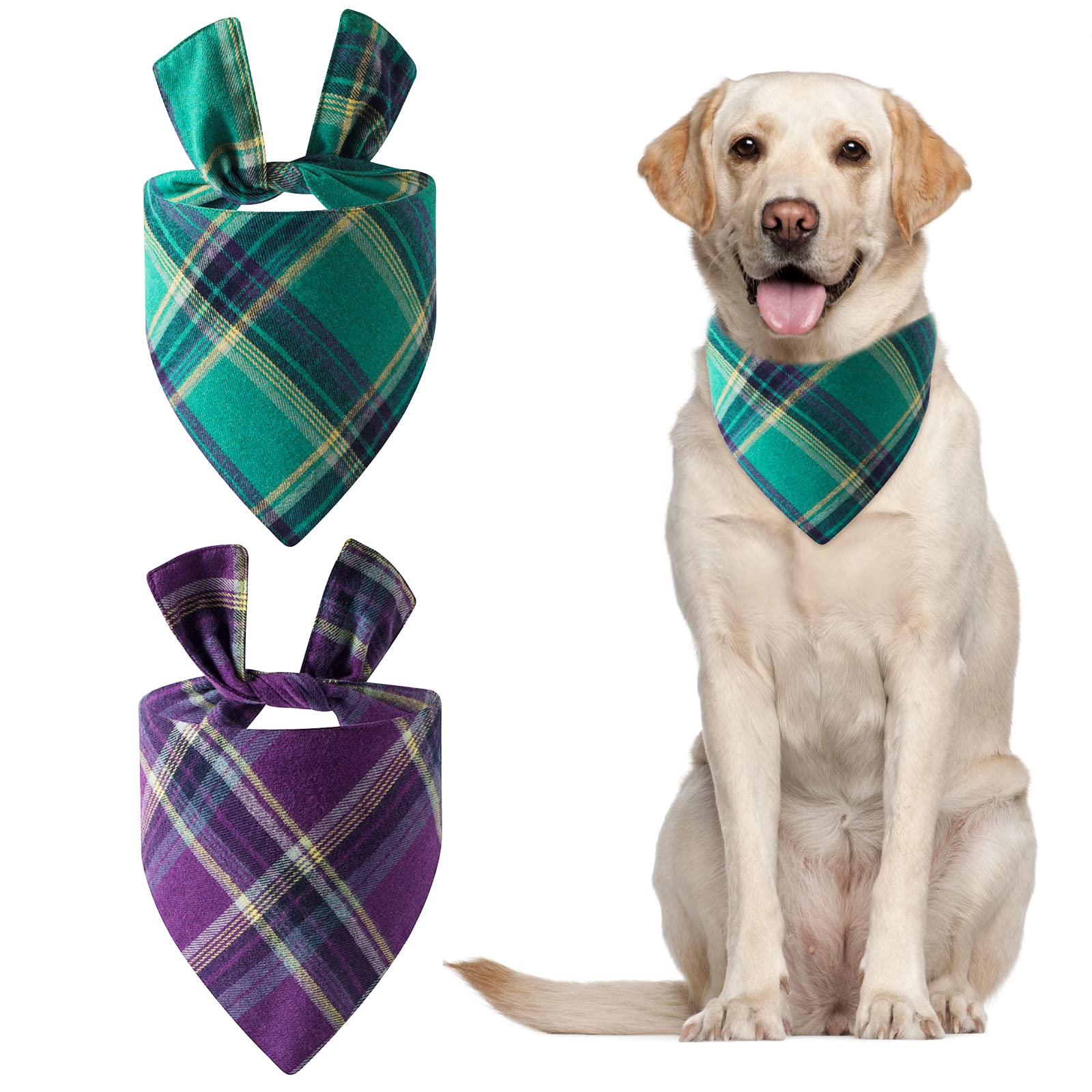URROMA Classic Green Purple Plaid Dog Bandanas, 2 Pcs Printing Unique Shape Adjustable Fit Kerchief Scarf for Small to Large Dog Puppy Cat