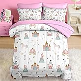 Pamnest Comforter Set Twin Size, Sweet Princess Castle 5 Pcs Bedding for Kids and Girls, Cute Pink Unicorn Bed Sheet Sets with Fitted Sheet 2 Pillowcases & 2 Shams for Bedroom Bed Decor