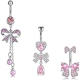 AceFun Belly Button Ring Dangle Navel Belly Piercing Jewelry Sparkly Pink CZ Heart Navel Belly Rings for Women 14G Silver Stainless Steel Dainty Dangly Dangling Belly Button Piercing