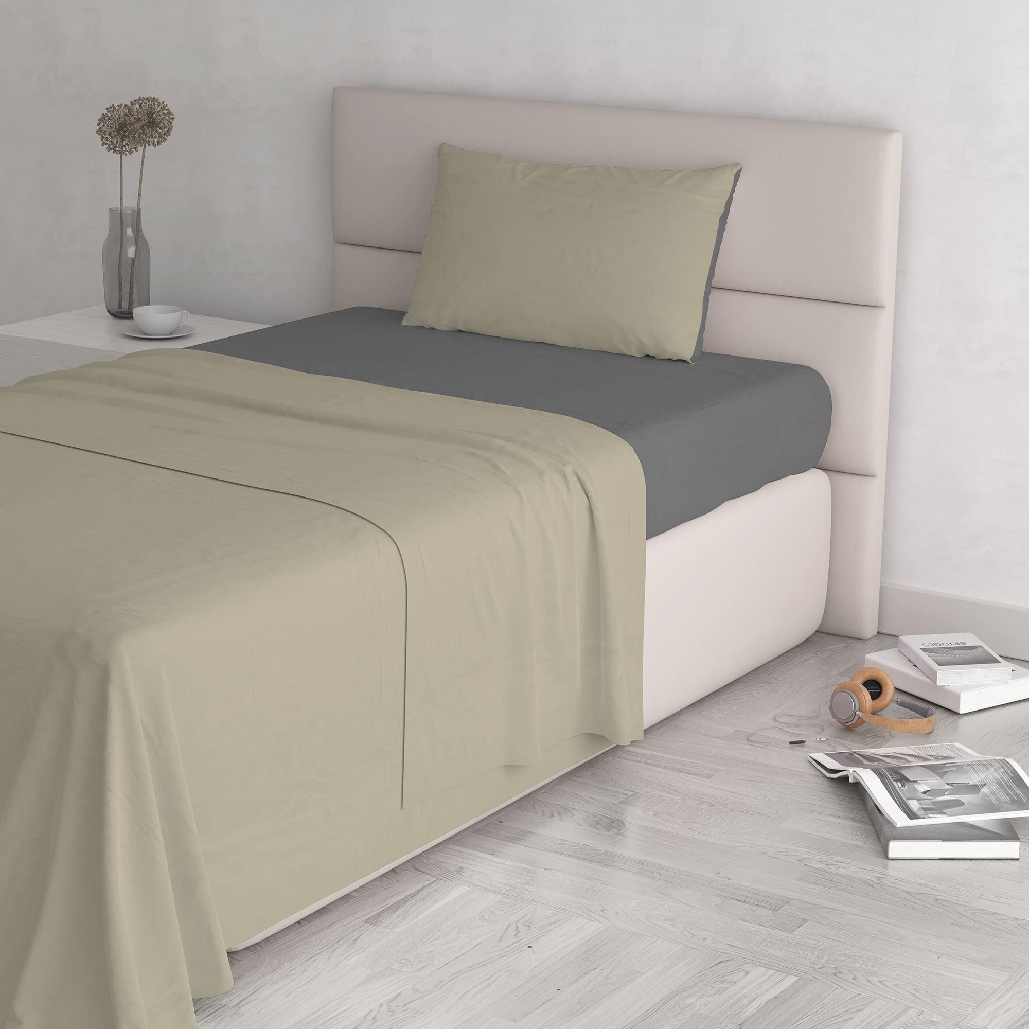 Italian Bed Linen Natural Color Bed Set (Flat 180x300, Fitted Sheet 120x200cm+Pillowcase 52x82cm), Petrol Bottle Green, 100% Cotton, Dove Gray/Smoke, SMALL DOUBLE