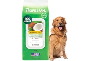 TropiClean Hypoallergenic Cleaning Pet Wipes, 100ct - Wipes for Dogs, Cats, Puppies & Kittens with Sensitive Skin - Gently Removes Dirt & Dander - Fragrance Free