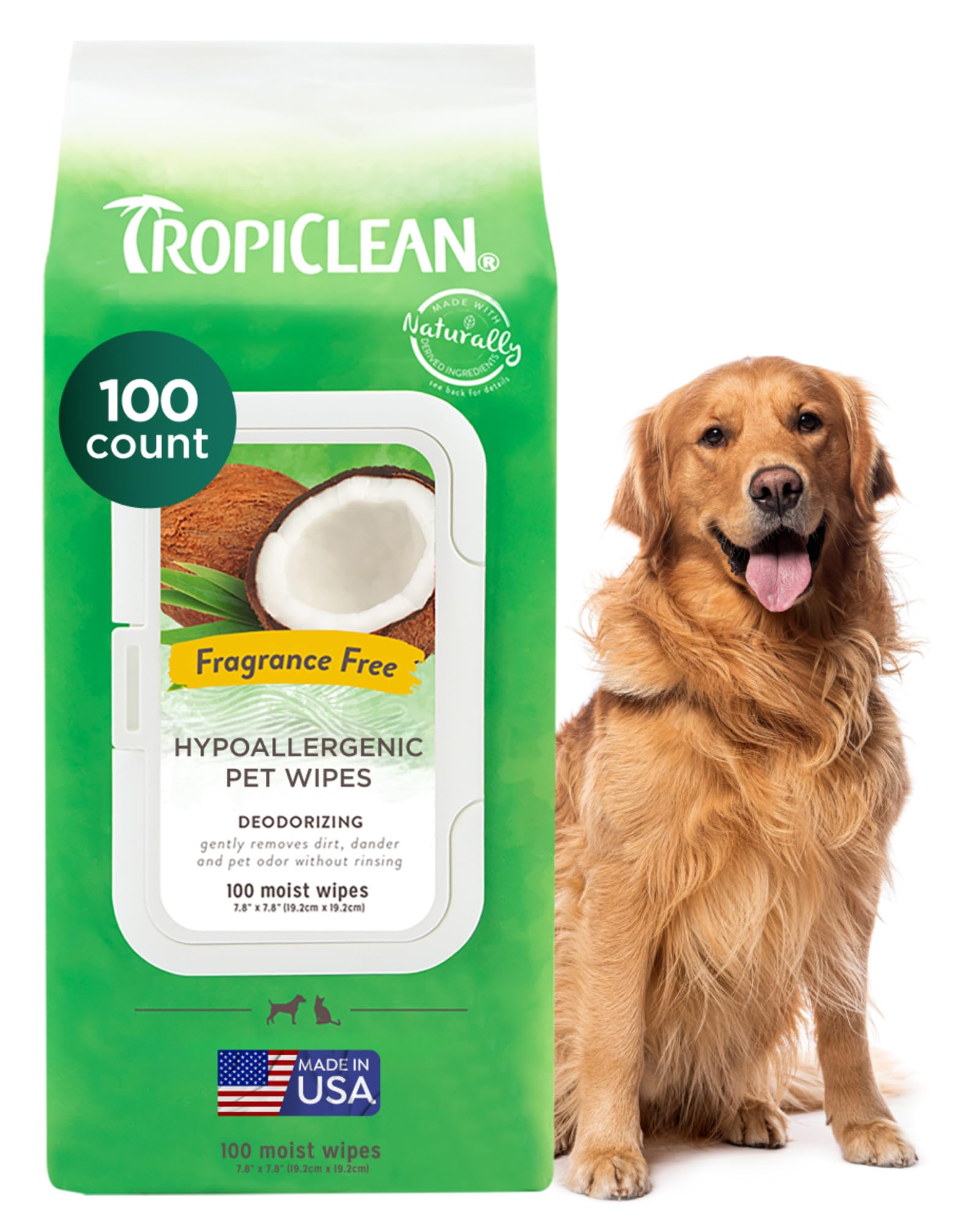 TropiClean Dog Wipes Grooming - Hypoallergenic Cleaning & Deoderising Wipes for Dogs, Cats, Puppies & Kittens with Allergies & Sensitive Skin - Removes Dirt, Dander & Odor, Fragrance Free, 100ct