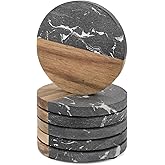 ZENFUN 6 Pc Black Marble Wood Coasters, Round Coaster, Handcrafted Artificial Marble Coasters Set for Your Drinks and Beverages, Tea, Coffee, Wine/Bar Glasses, Tabletop Protection Helper