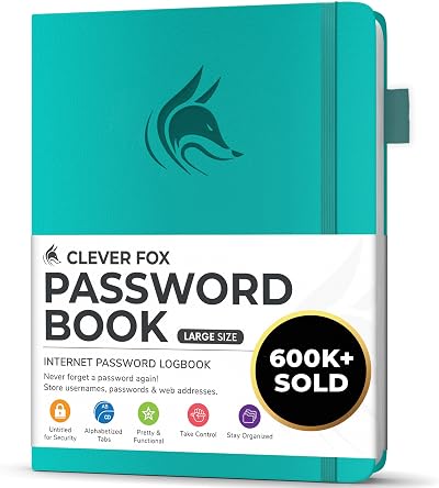 Clever Fox Password Book with Alphabetical Tabs Aquamarine Large 18x25 cm