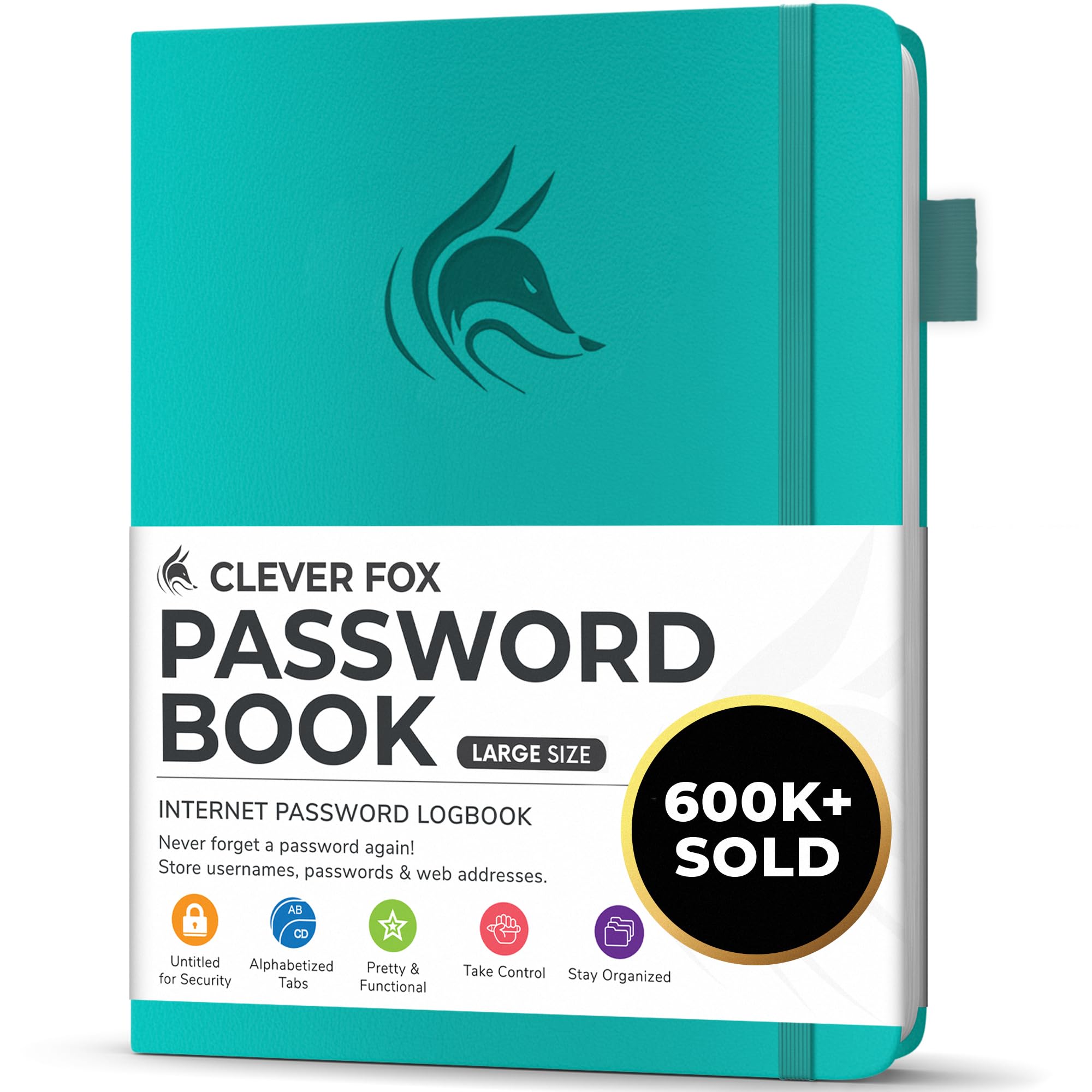 Clever Fox Password Book with alphabetical tabs. Internet Address Organizer Logbook. Large Password Keeper for Website Logins (Turquoise)