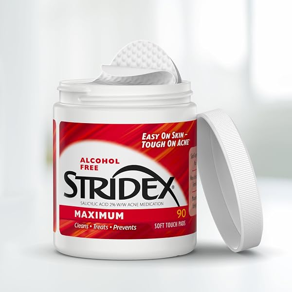 STRIDEX MEDICATED ACNE PADS, MAXIMUM, 90 COUNT, PACK OF 3 – FACIAL CLEANSING WIPES, ALCOHOL-FREE FACE PADS, ACNE TREATMENT FOR FACE, FOR MODERATE ACNE, SMOOTH APPLICATION