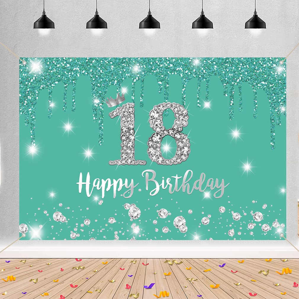 Happy 18th Birthday Decorations Backdrop Banner for Girls Happy 18 Years Old Fabric Sign Poster, Turquoise Photography Background 18th Birthday Party Supplies, 150cm x 90cm