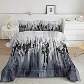 Nttopship Black Grey White Gradient Print Comforter Set King Size,Abstract Art Bedding Set,Patchwork Printed Quilted Set for Teens Adult,with 1 Comforter and 2 Pillow Case
