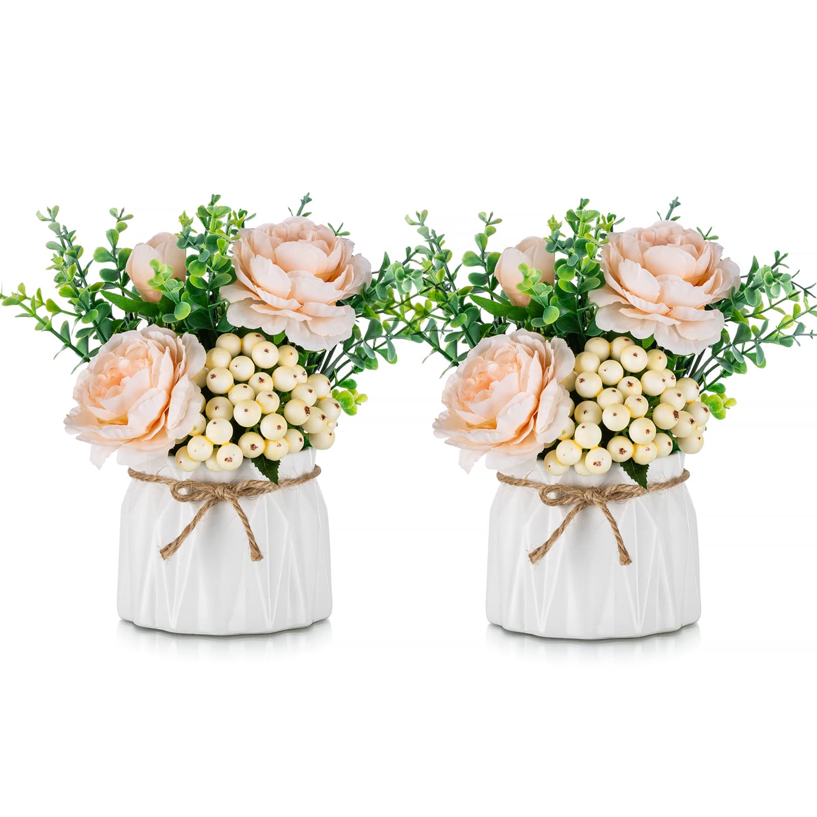 BLOSMON Artificial Flowers and Vase Decoration Fake Flower in Vases 2PCS Champagne Plastic Rose Arrangements Table Floral Centrepieces Ornaments Plant Bouquet for Wedding Room Window Garden Party