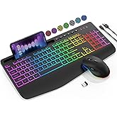 Wireless Keyboard and Mouse Combo - 9 Backlit Effects, RGB, Ergonomic Wrist Rest, Phone Holder, 2.4G Full Size, Rechargeable, Sleep Mode, Quiet Keyboard Set for Computer, PC, Laptop, Mac, Windows