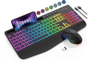 Wireless Keyboard and Mouse Combo, 9 Backlit Effects, Wrist Rest, Phone Holder, 2.4G Lag-Free Ergonomic Keyboards, Rechargeab