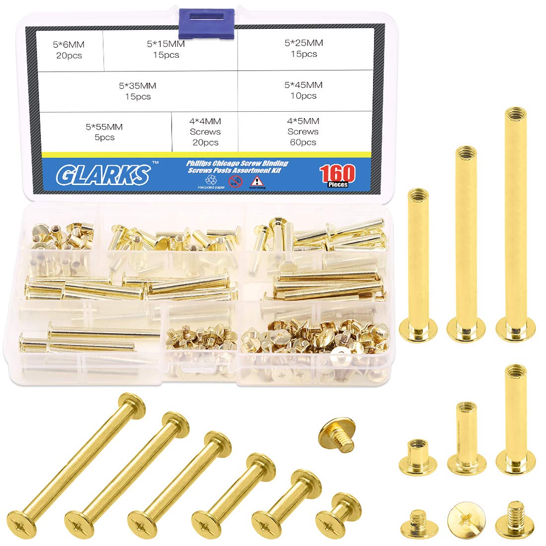Glarks 80 Sets Chicago Screw Assortment, M5 x 6/15/25/35/45/55 Brass Screws, Bookbinding Posts, Binding Screw, Chicago Button Rivets, Belt Screws, Leather Photo Album Screw