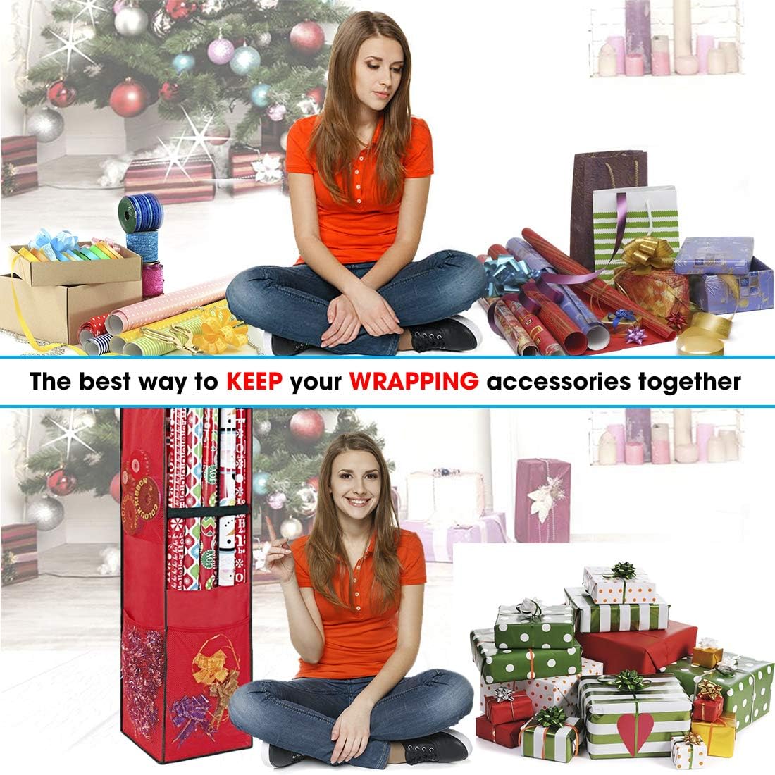 ProPik Hanging Gift Wrap Organizer, Wrapping Paper Storage Bag, Swivel Hanger 360 Degree Multiple Pockets & Loops, Holds Up to 25 Rolls 40 Inch, Space for Ribbons Bows Gift Wrap Folds Flat (Red): Home & Kitchen