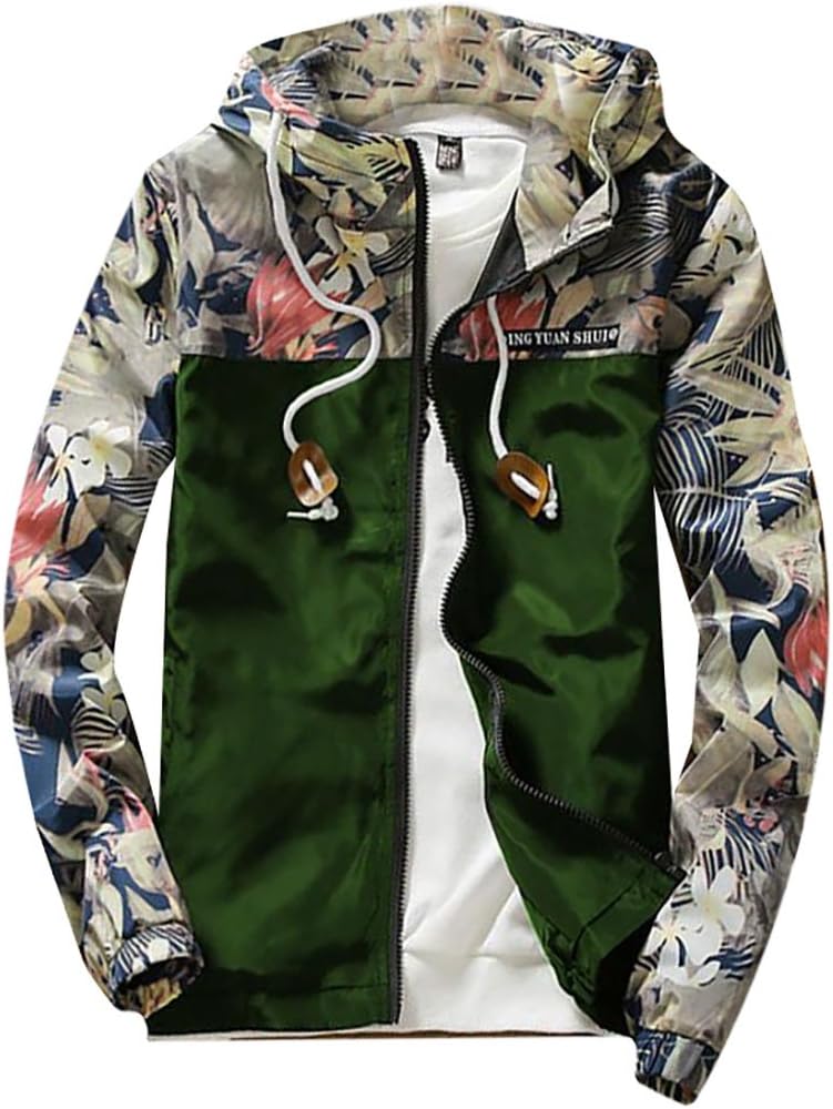 M2MO Mens Floral Long Sleeve Hooded Windbreaker Jacket