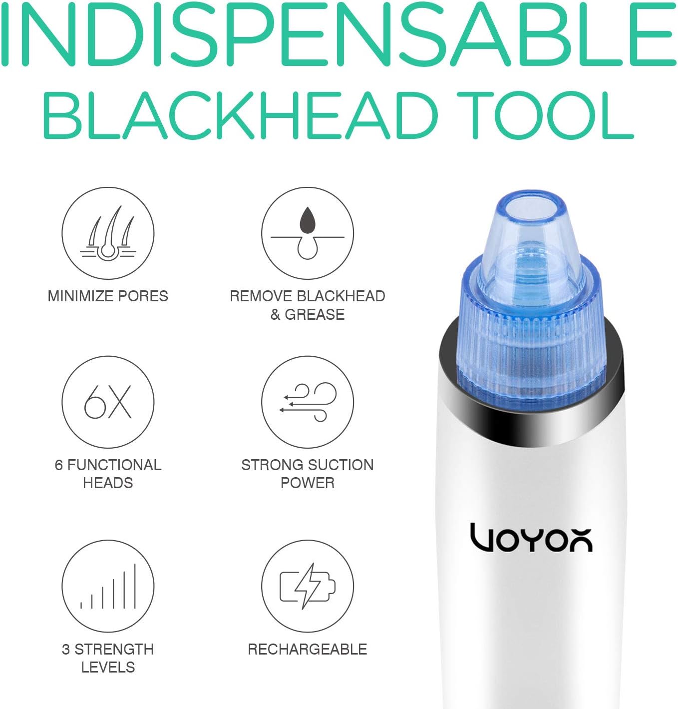 VOYOR Blackhead Remover Vacuum 6 Suction Heads Rechargeable Black Head Remover Tool for Face Pore Vacuum Cleaner Acne Comedone Pimple Whitehead Extractor BR410 - Image 3