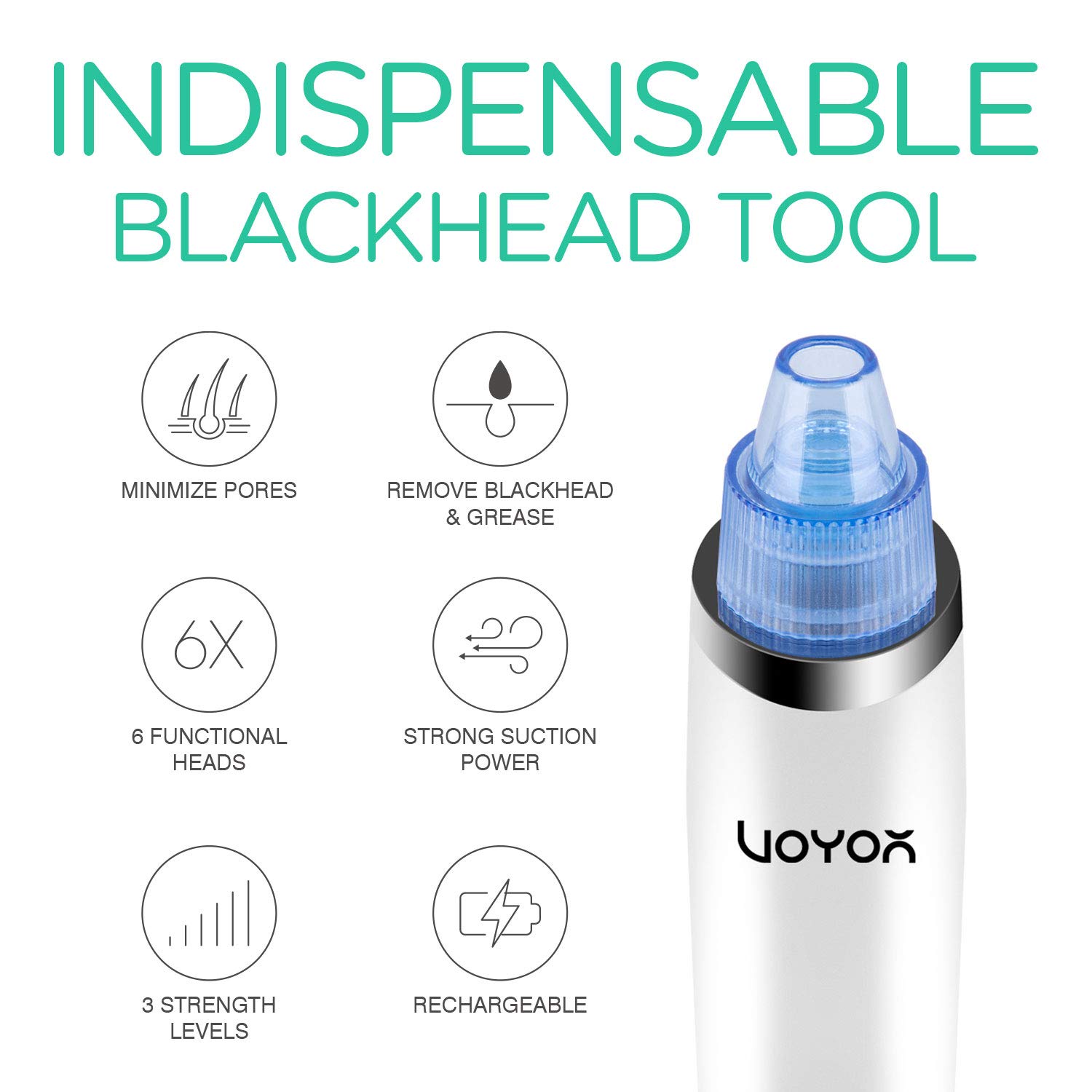VOYOR Blackhead Remover Vacuum Suction Facial Pore Cleaner Electric Acne Comedone Extractor Kit with 6 Suction Head for Women and Men Black Heads Extraction BR410: Beauty