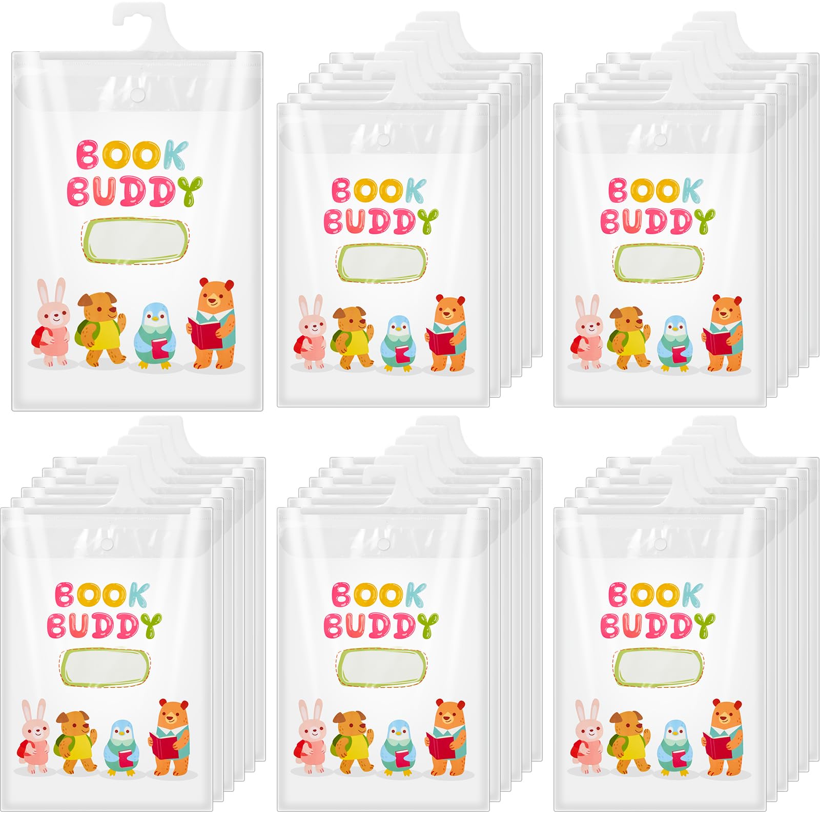 Photo 1 of AmazingSpark 30 Pcs Kids Book Bags Hanging Storage Plastic Bags 13.8 x9.8 Inches Large Hook take Home Totes Back to School