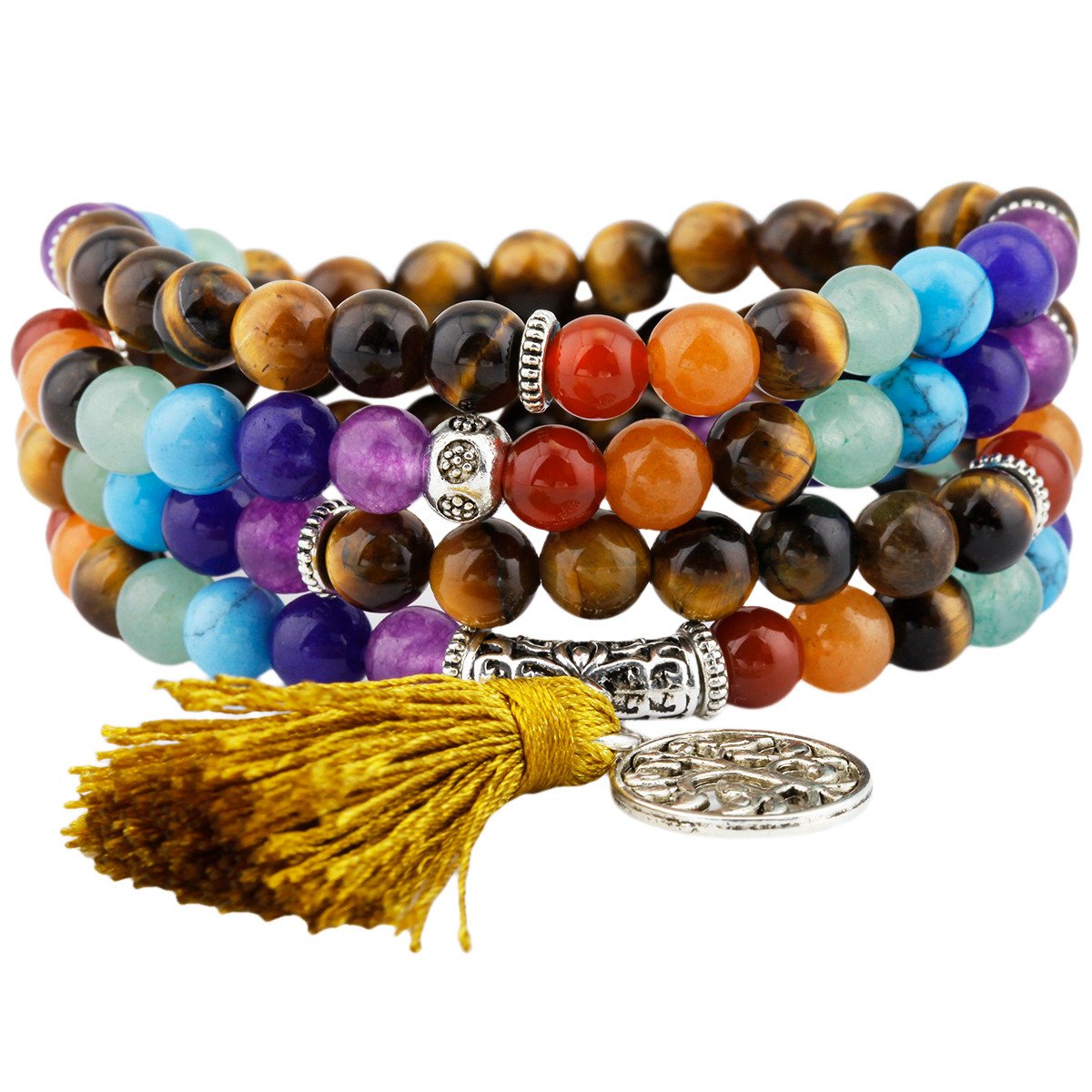 Shanxing 6mm Tiger's Eye & Chakra Crystal 108 Prayer Beads Mala Wrap Bracelet for Men Women, Worry Bead Healing Crystal Bracelet Tibetan Buddhist Jewellery Gift Buddha Reiki Meditation Stone Necklace