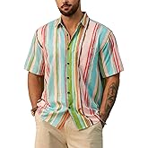 Hardaddy Men's Striped Shirts Casual Short Sleeve Button Down Summer Hawaiian Shirts