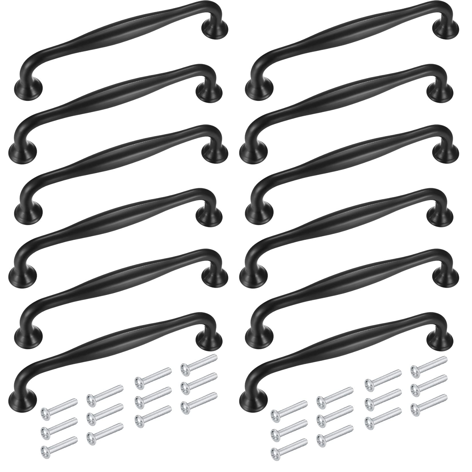 Pack of 12 128 mm Kitchen Handles, Black Furniture Handles, Cabinet Door Handles and Buttons, Aluminium Alloy Handles with Screws, Handles for Kitchen Cupboards