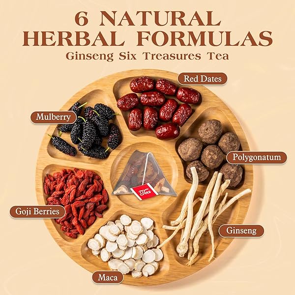 ZENVIVIAN GINSENG SIX TREASURE TEA – HERBAL TEA WITH GINSENG, WOLFBERRY, RED DATES, MACA, POLYGONATUM SIBIRICUM & MULBERRY – NATURAL INGREDIENTS, RELAXING, 25 TEA BAGS