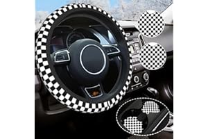 YOBVEC Checkered Steering Wheel Cover Universal 14.5-15 Inch Non-Slip Black and White Car Accessories for Women Men