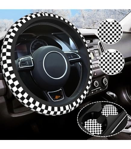 thumbnail image 2 of Checkered Plush Steering Wheel Cover Without Inner Ring - Universal Fit For Most Cars 2 of 12