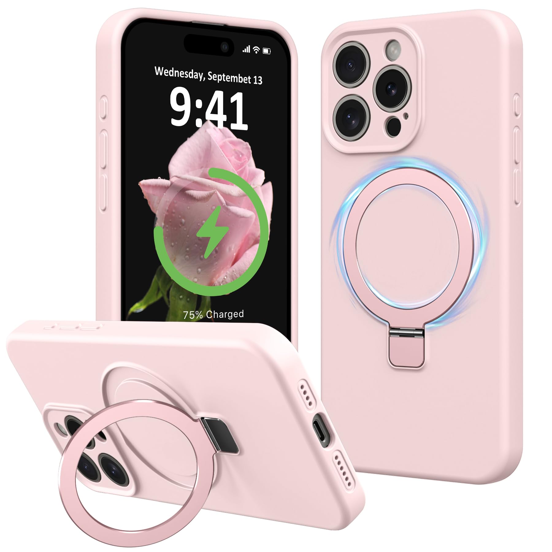 Photo 1 of Vanxiliiy Compatible with iPhone 13 Pro Max Case Stand, Slim Full Camera Protection Liquid Silicone Phone Case Suitable for iPhone 13 Pro Max Compatible with MagSafe Ring Magnetic Kickstand, Pink
