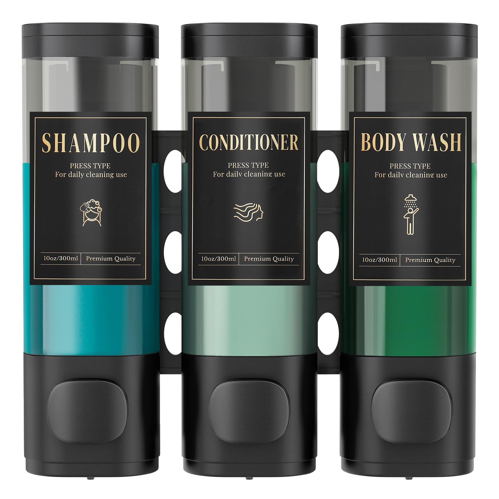 Luxspire Shampoo and Conditioner Dispenser, 3 Chamber No-Drill Wall Mounted Shower Dispenser with Waterproof Labels, Easy Refill Soap Dispenser for Bathroom, Hotel, Kitchen, Black