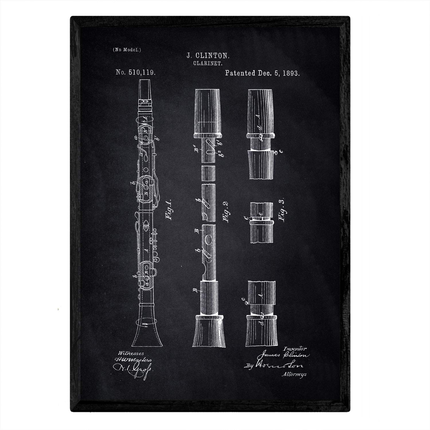 Nacnic Poster patent clarinet. Sheet with old design patent A3 size with black background