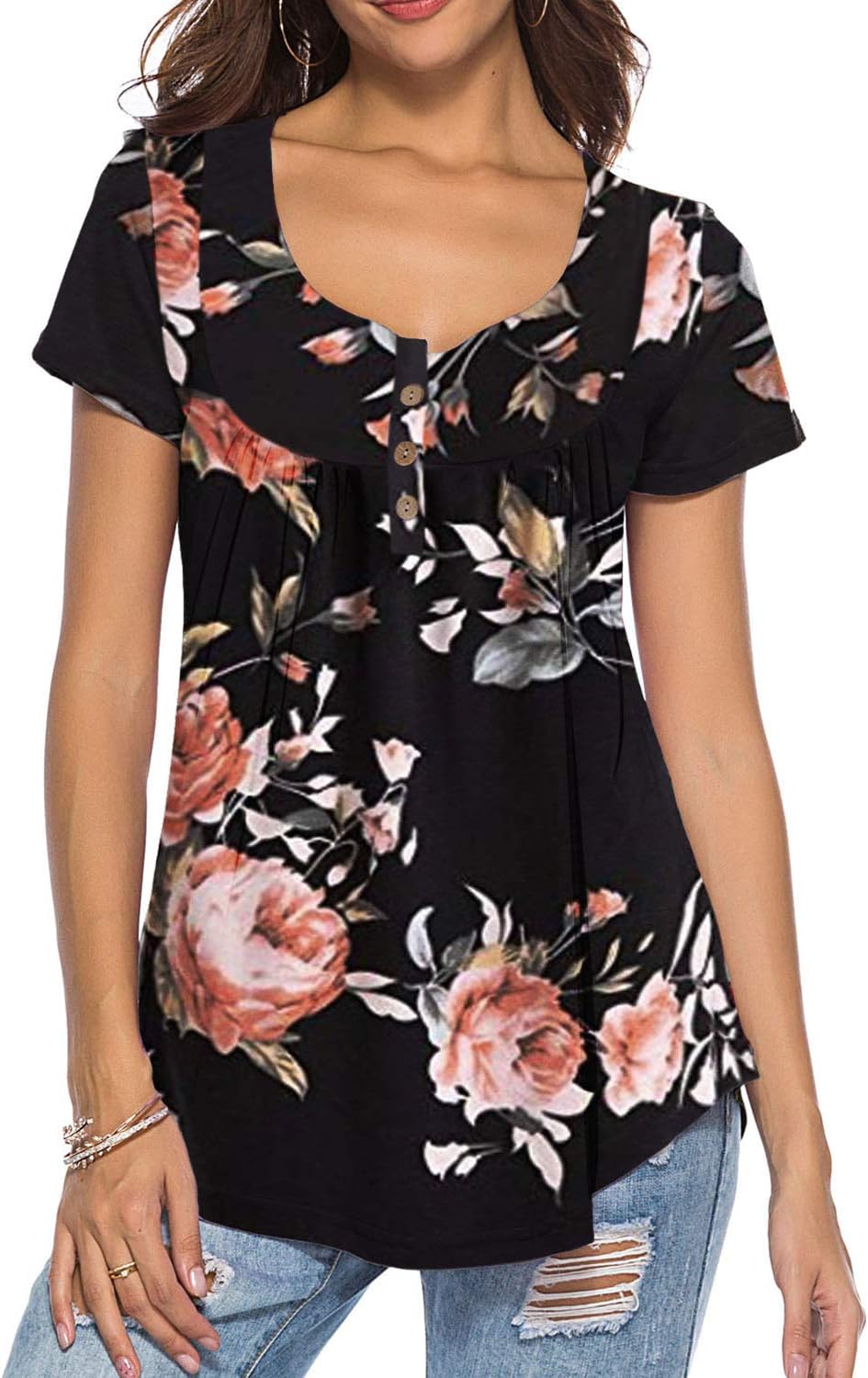 Neitade Women's Shirts and Blouses Short Sleeve Button Up Tunic Tops