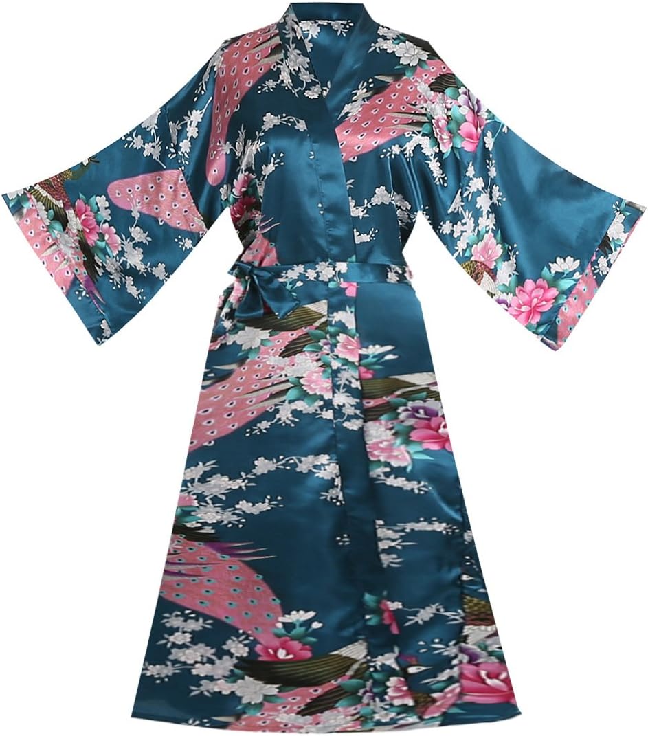 ellenwell Women's Kimono Robe Peacock & Blossoms Satin Nightwear(X-Large,Teal)