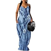 EQQZD Women's Summer Maxi Dress Spaghetti Strap Floral Boho Beach Long Sundress with Pockets