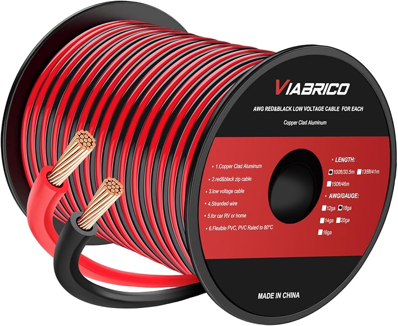 Viabrico 100 ft 18 AWG Low Voltage Wire 2 Conductor Red Black Spool