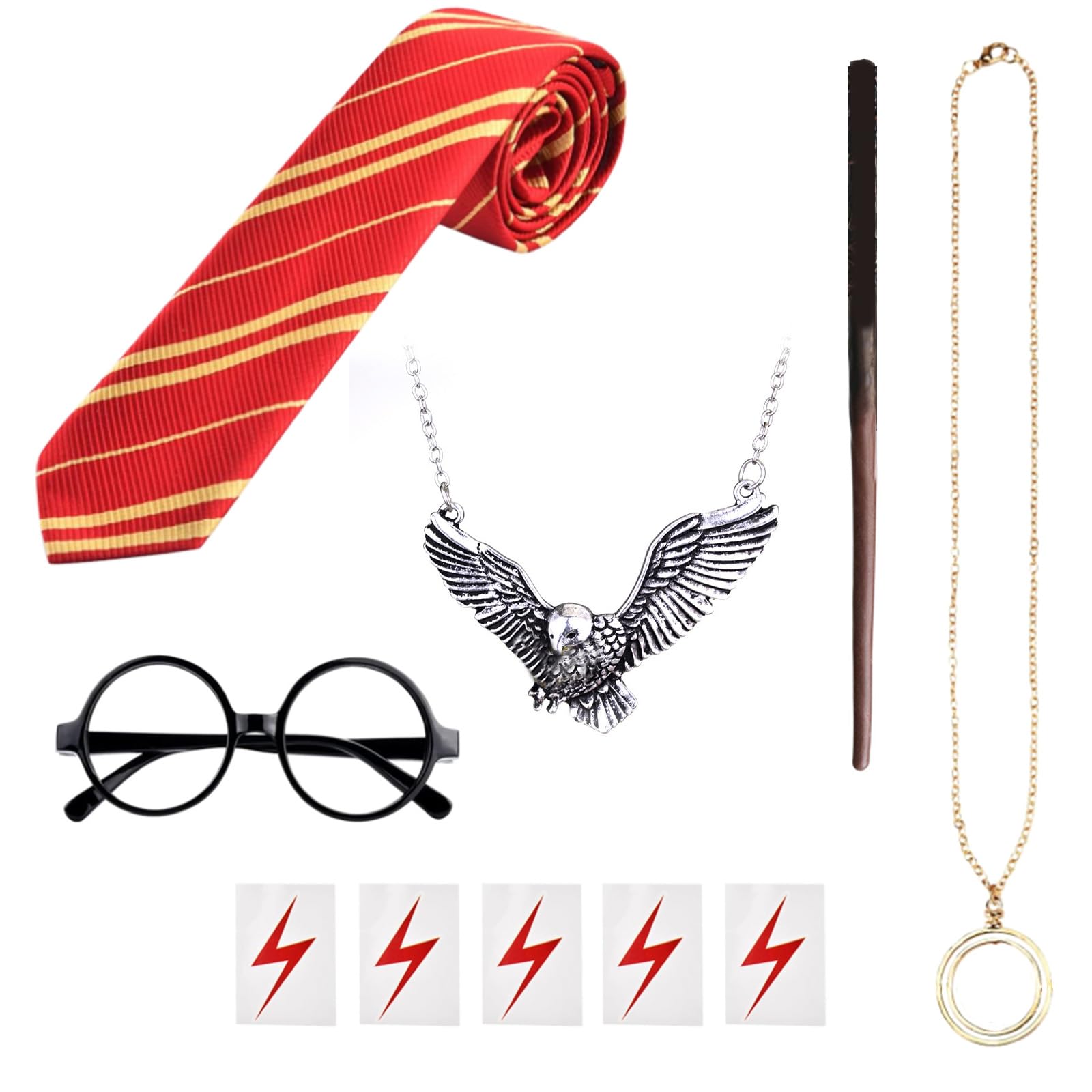 10Pcs Wizard Costume Accessories Set with Wizard Wand, Striped Tie, Round Frame Glasses, Wizard Necklace, Lightning Temporary Tattoo for Cosplay Fancy Dress Halloween Party Supplies