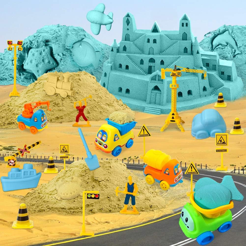 Play Construction Sand Kit - 3lbs Sand with 2 Colors, 6 Mini Construction Trucks, Construction Toys and Signs, Animal Mold, Modeling Tools, Foldable Sandbox with Clean Set Gifts for Boys Girls: Toys & Games