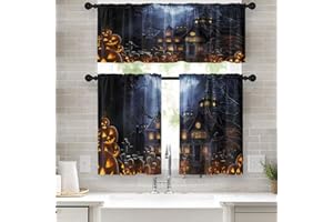 Arttown Halloween Kitchen Curtains Pumpkins Window Curtains and Valances Set 36 Inch, Spooky Castle Short Tier Curtain for Kitchen, Moonlight Dark Black Small Kitchen Decor