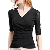 METWEY Wrap Tops for Women Summer Mesh Ruched Top Trendy 2025 Date Outfits V Neck Business Casual Work T Shirts Blouse
