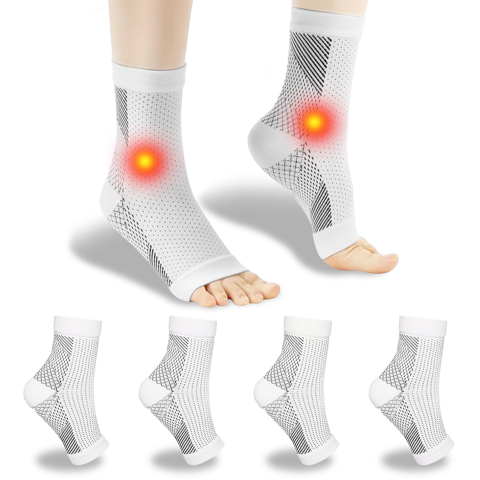UZSUZZ Plantar Fasciitis Socks, 4 Pairs Neuropathy Socks Ankle Compression Socks for Women Men, Ankle Support Brace for Weak Sprained, Wide Calf Compression Socks (White, S/M)
